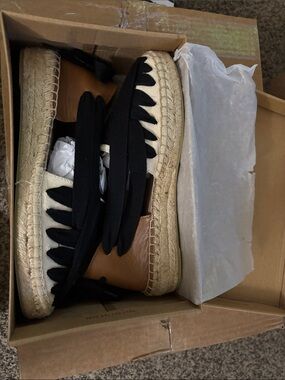 Canvas Espadrille Lace-Up Wedge in Black, Cream & Tan